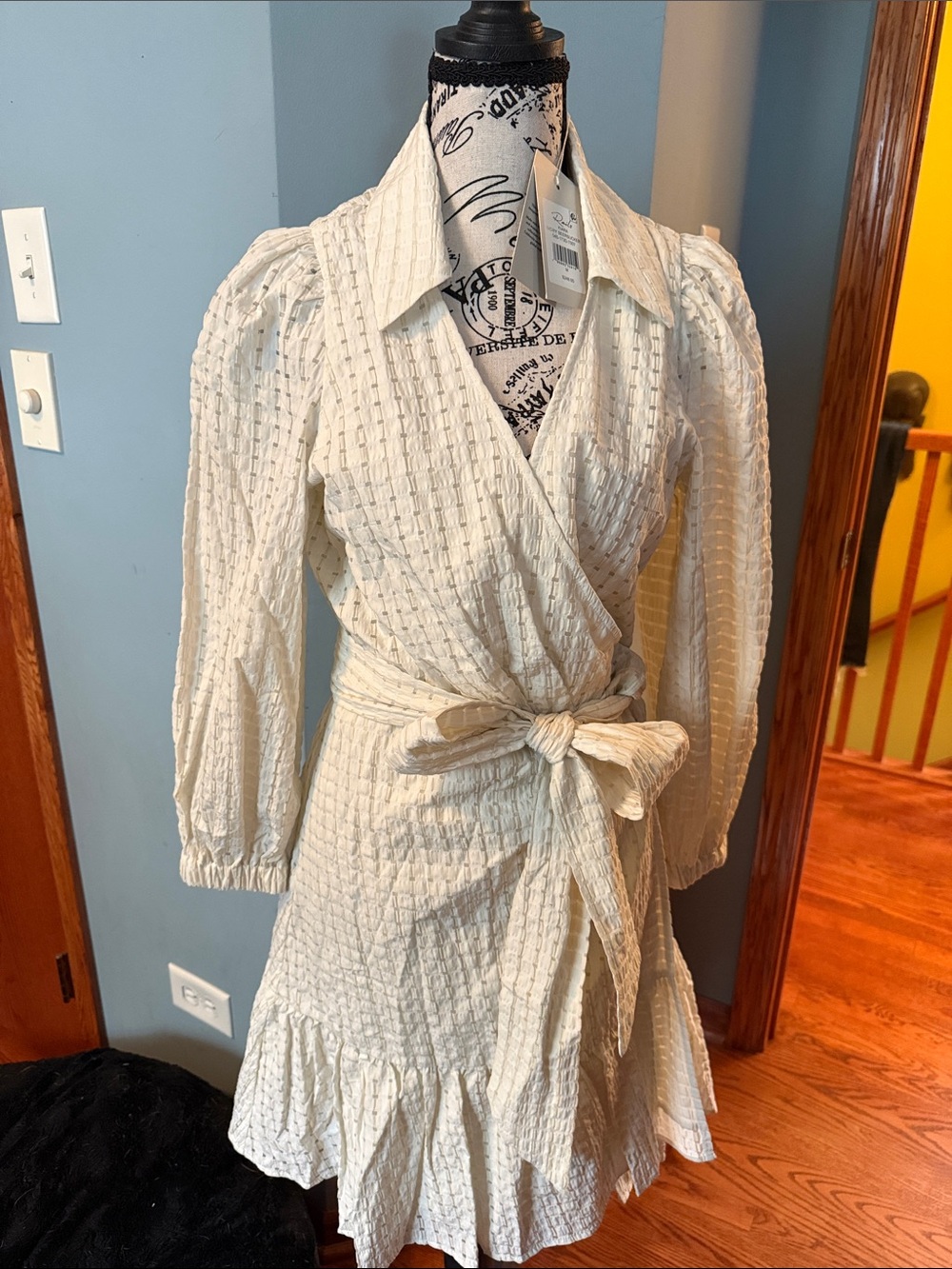 Rails Cream Textured Wrap Dress with Waist Tie